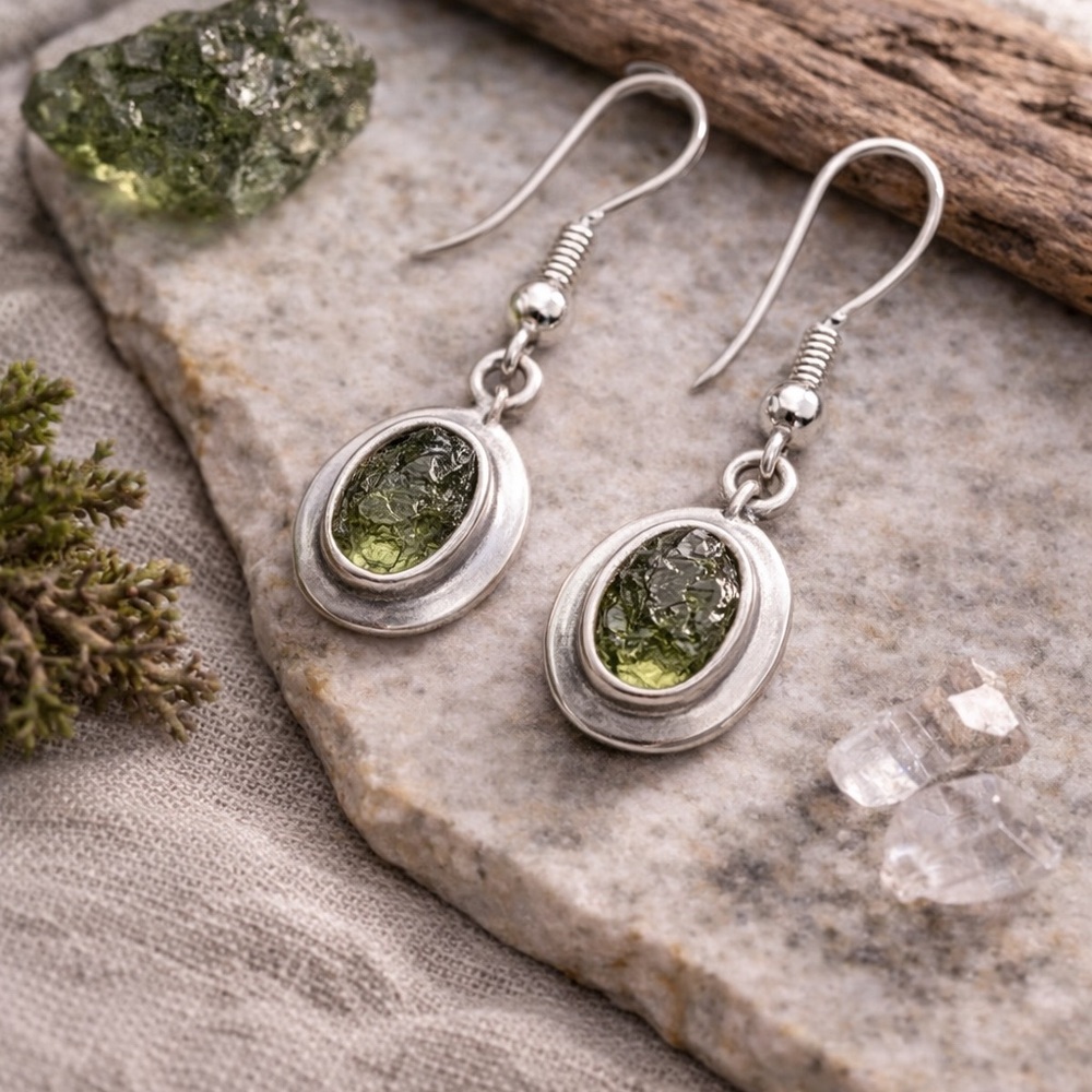 Natural Moldavite Stone Earrings 925 Silver Rough Bezel-Set | Cosmic Energy #566